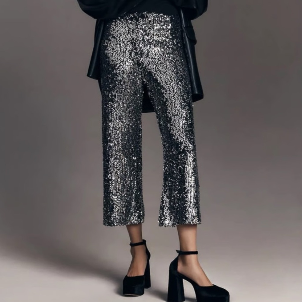 Anthropologie Colette Cropped Silver Sequin Pants